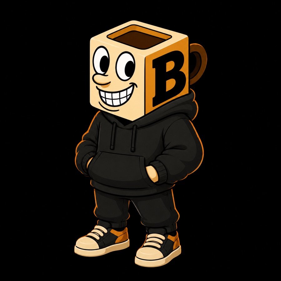 Blocky, the Blocks & Brew mascot: a coffee-mug block head in a black hoodie