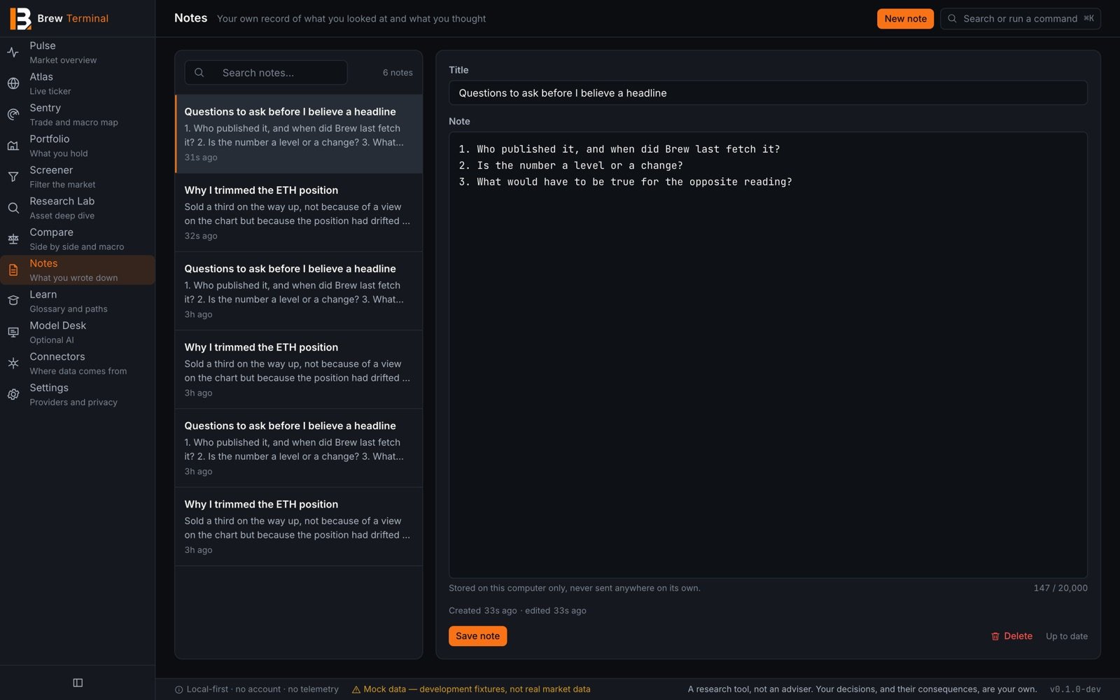 Notes screen